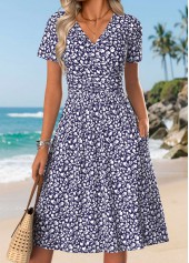 Navy Ditsy Floral Print Surplice Short Sleeve Dress