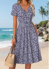 Navy Ditsy Floral Print Surplice Short Sleeve Dress | thumb picture 