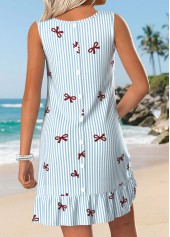 Light Blue Striped Short Tuck Stitch Sleeveless Dress