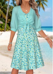 Mint Green Ditsy Floral Print Two-piece Dress and Cardigan