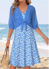 Blue Floral Print Two-piece Half Sleeve Dress and Cardigan