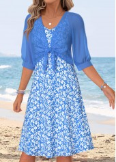 Blue Floral Print Two-piece Half Sleeve Dress and Cardigan | thumb picture 