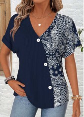 Navy Patchwork Short Sleeve V Neck T Shirt