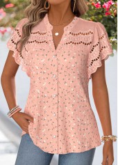 Dusty Pink Patchwork Short Sleeve Split Neck Blouse
