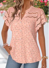 Dusty Pink Patchwork Short Sleeve Split Neck Blouse | thumb picture 