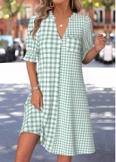 Sage Green Plaid Short Patchwork Half Sleeve Dress