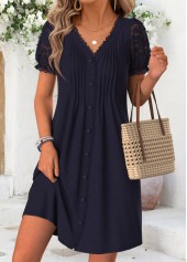 Navy Short Tuck Stitch V Neck Dress