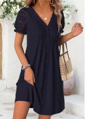 Navy Short Tuck Stitch V Neck Dress | thumb picture 