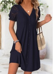 Navy Short Tuck Stitch V Neck Dress | thumb picture 