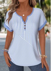 Blue Geometric Print Tummy Coverage Short Sleeve Blouse