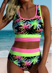 Black Mid Waisted Plants Print Bikini Set