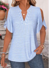 Blue Striped Curved Hem Half Sleeve Split Neck Blouse | thumb picture 