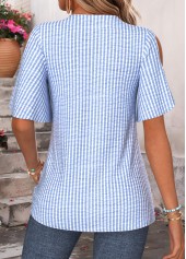Blue Striped Curved Hem Half Sleeve Split Neck Blouse | thumb picture 