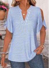 Blue Striped Curved Hem Half Sleeve Split Neck Blouse | thumb picture 