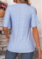 Blue Striped Curved Hem Half Sleeve Split Neck Blouse | thumb picture 