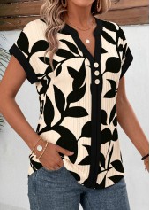 Light Coffee Leaf Print Curved Hem T Shirt | thumb picture 