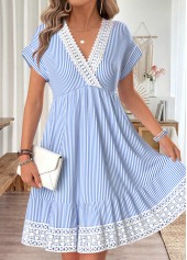 Light Blue Striped Surplice Short Sleeve V Neck Dress