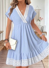 Light Blue Striped Surplice Short Sleeve V Neck Dress | thumb picture 