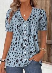 Dusty Blue Geometric Print Frill Short Sleeve T Shirt