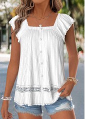 Raw White Curved Hem Short Sleeve Square Neck Blouse