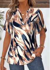 Multi Color Geometric Print Curved Hem Half Sleeve Blouse