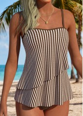 Light Coffee Mid Waisted Layered Striped Tankini Set