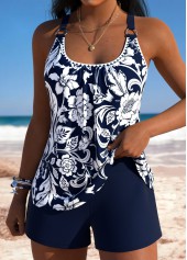 Navy Mid Waisted Pocket Random Floral Print Tankini Set