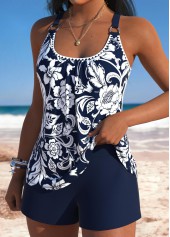 Navy Mid Waisted Pocket Random Floral Print Tankini Set | thumb picture 