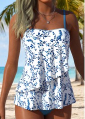 Blue Mid Waisted Layered Ditsy Floral Print Tankini Set