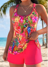 Coral Mid Waisted Pocket Tropical Plants Print Tankini Set