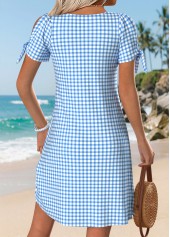 Light Blue Plaid Short Tuck Stitch Split Neck Dress | thumb picture 