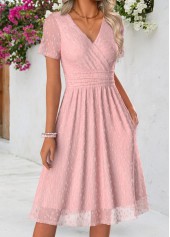 Pink Double Side Pockets Short Sleeve V Neck Dress | thumb picture 