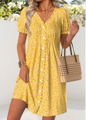 Yellow Ditsy Floral Print Short Tuck Stitch Dress