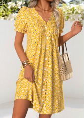 Yellow Ditsy Floral Print Short Tuck Stitch Dress | thumb picture 