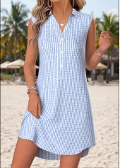 Blue Striped Short Tummy Coverage Sleeveless Shirt Collar Dress