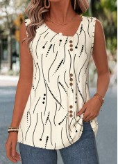 Beige Geometric Print Patchwork Sleeveless Asymmetrical Neck Tank Top | thumb picture 