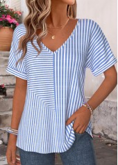 Blue Striped Curved Hem Short Sleeve T Shirt | thumb picture 