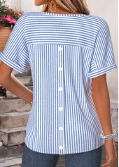 Blue Striped Curved Hem Short Sleeve T Shirt