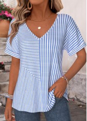 Blue Striped Curved Hem Short Sleeve T Shirt | thumb picture 