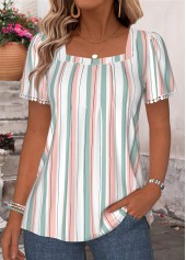 Multi Color Striped Pleated Short Sleeve T Shirt