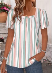 Multi Color Striped Pleated Short Sleeve T Shirt | thumb picture 