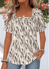 Beige Polka Dot Smocked Short Sleeve Square Neck Blouse