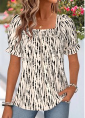 Beige Polka Dot Smocked Short Sleeve Square Neck Blouse | thumb picture 