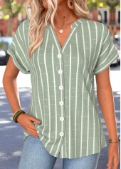 Green Striped Button Short Sleeve Split Neck Blouse