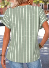 Green Striped Button Short Sleeve Split Neck Blouse | thumb picture 