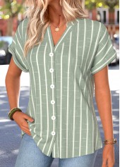 Green Striped Button Short Sleeve Split Neck Blouse | thumb picture 