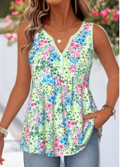 Green Ditsy Floral Print Button Sleeveless Tank Top