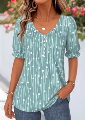 Green Geometric Print Curved Hem Short Sleeve T Shirt