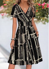 Black Geometric Print Double Side Pockets Short Sleeve Dress