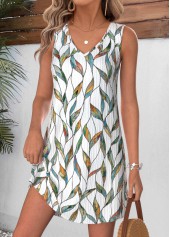 Multi Color Leaf Print Short Tummy Coverage Sleeveless Dress